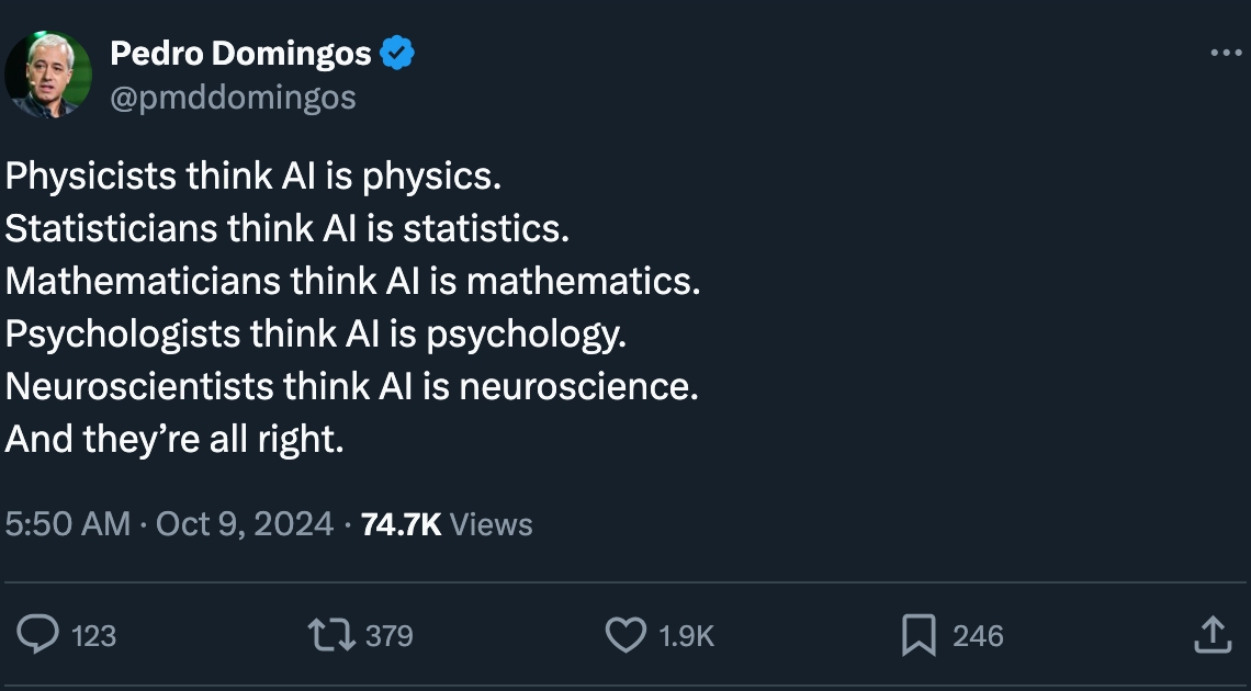 Machine learning expert Pedro Domingos tweeted.