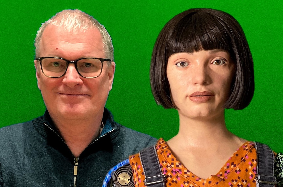 Ai-Da with her project initiator Aidan Meller. (Source: Ai-Da Robot)