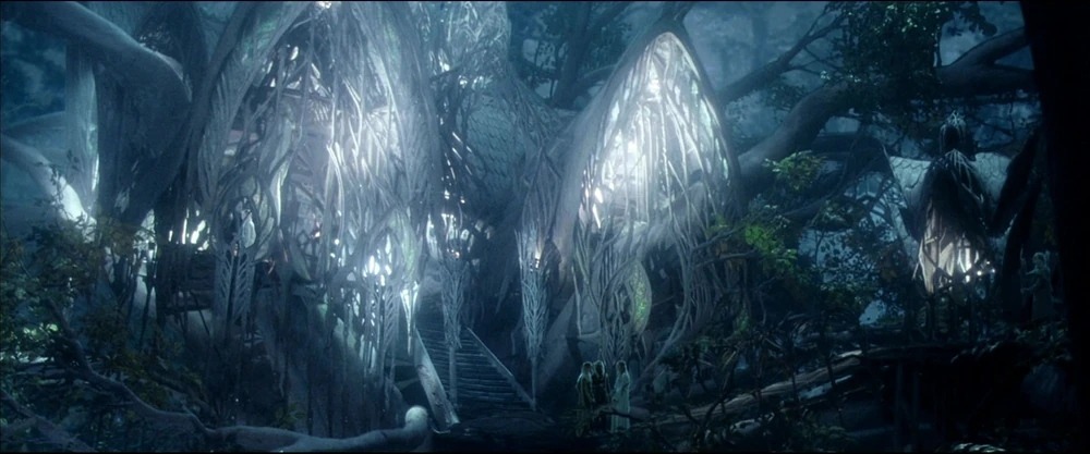 Lothlórien's architecture in 'The Lord of the Rings' also uses silver trees as imagery.