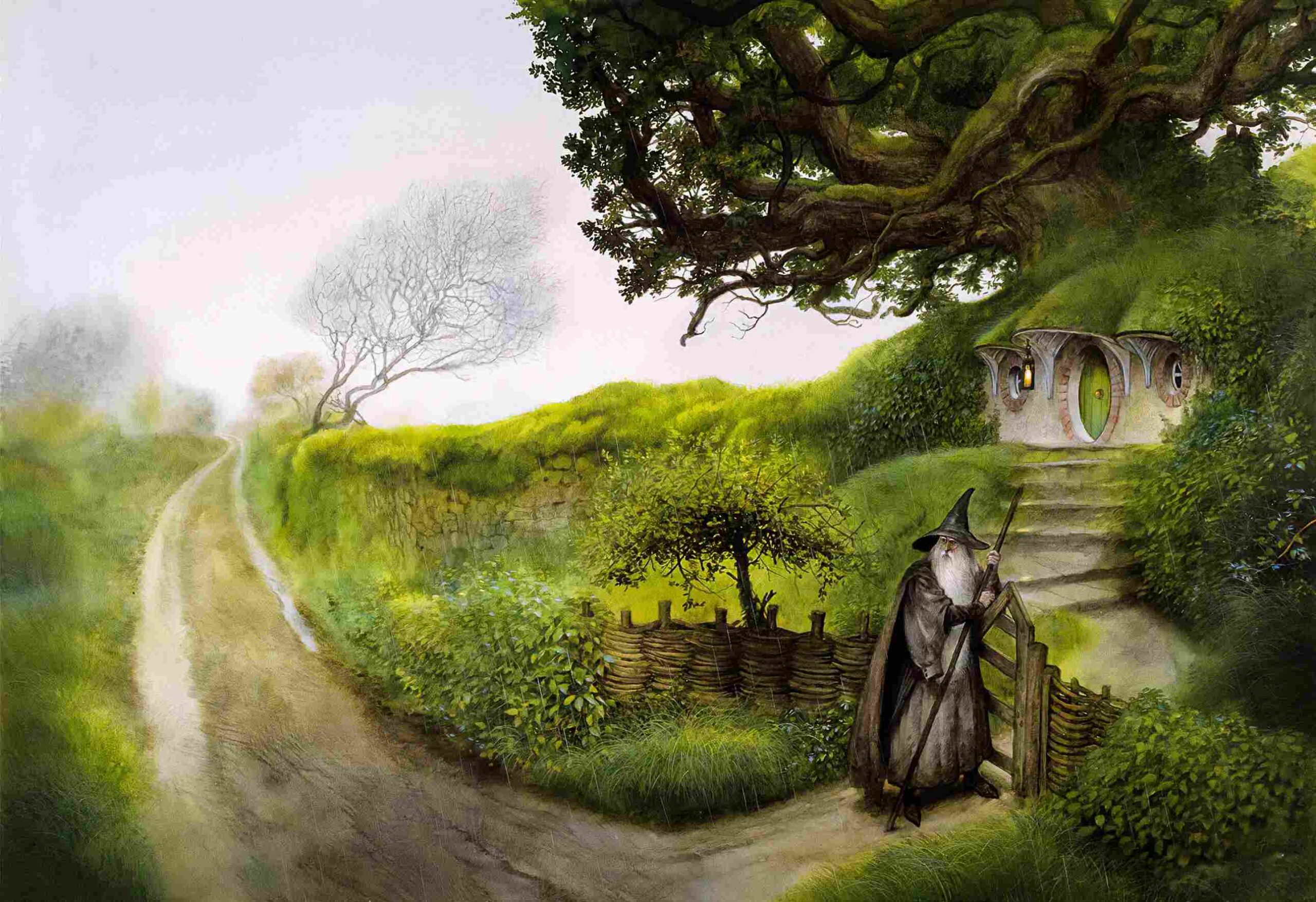 John Howe's depiction of Gandalf returning to Bag End, with round windows showcasing Art Nouveau style.